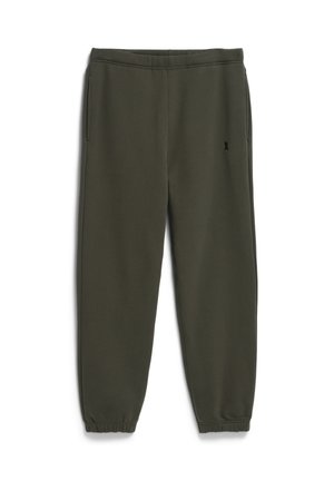 Olijfgroene sweatpants van zacht materiaal, met een elastische tailleband, zijkanten met zakken en taps toelopende boorden. Minimalistisch ontwerp met zwart logo.