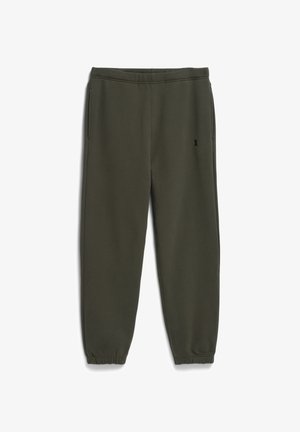Olijfgroene sweatpants van zacht materiaal, met een elastische tailleband, zijkanten met zakken en taps toelopende boorden. Minimalistisch ontwerp met zwart logo.