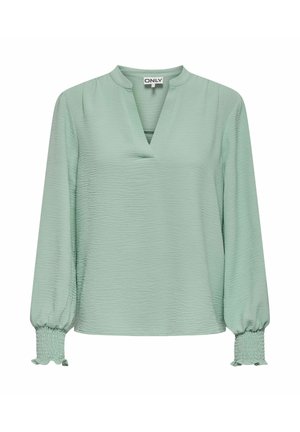 Minzgrüne Bluse mit V-Ausschnitt, langen Ärmeln und elastischen Bündchen. Der Stoff weist eine dezente, gekräuselte Textur auf. Markenlabel: ONLY.