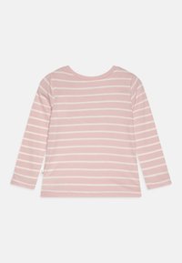 Long-sleeve shirt in soft pink cotton with white horizontal stripes. Features a crew neck and jersey knit texture, with stitched hems.