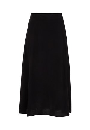 Jupe noire en A fabriquée en tissu léger, possède une texture douce, une taille mi-haute et une longueur sous le genou avec un tombé subtil.