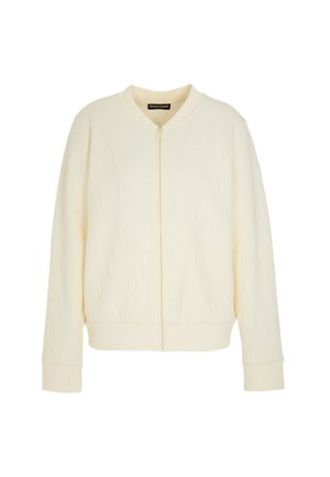 Giacca bomber color crema con zip frontale, motivo a lettere goffrate, polsini e orlo a coste. Realizzata in tessuto morbido; vestibilità comoda.