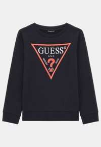 Sudadera negra de algodón con mangas largas, que presenta un diseño de logotipo triangular rojo y texto blanco en el frente.