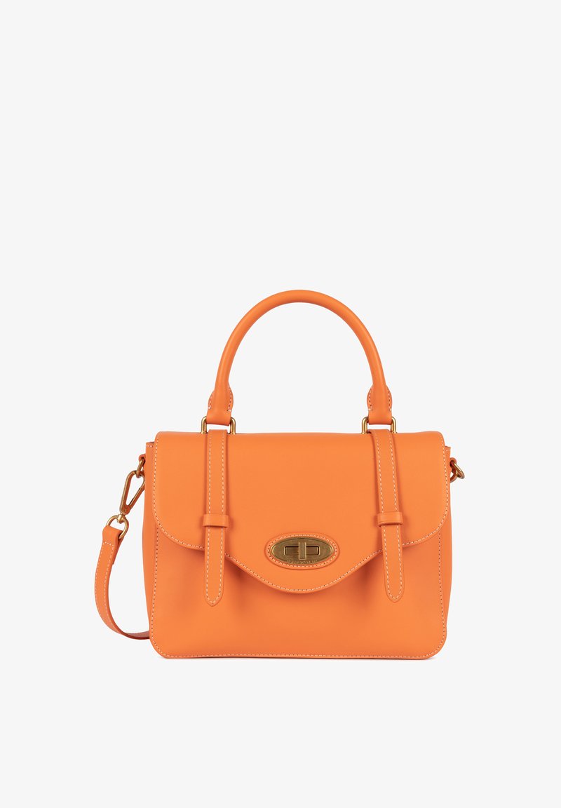 Borsa a mano in pelle arancione con forma strutturata, manico superiore, tracolla staccabile, chiusura a pattina e accenti in metallo dorato. Dettagli di cucitura bianca.