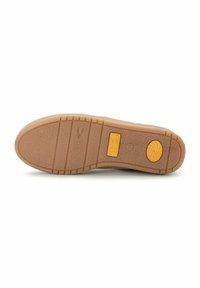 Braune Gummisohle mit strukturierten Mustern, Rillen und einem gelben Akzent. Verfügt über ein Logo und Grip-Rillen für besseren Halt.