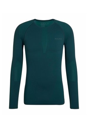 Thermisch shirt met lange mouwen in donker teal, gemaakt van rekbare stof. Heeft gestructureerde patronen op de schouders en zijkanten, met minimale branding.