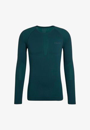 T-shirt thermique à manches longues en bleu sarcelle foncé, fabriqué en tissu extensible. Présente des motifs texturés sur les épaules et les côtés, avec un marquage minimal.