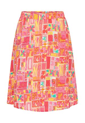Jupe trapèze avec motif patchwork géométrique et floral rose, orange, jaune et bleu sarcelle, taille élastique.