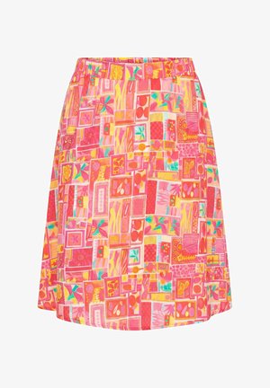 Jupe trapèze avec motif patchwork géométrique et floral rose, orange, jaune et bleu sarcelle, taille élastique.