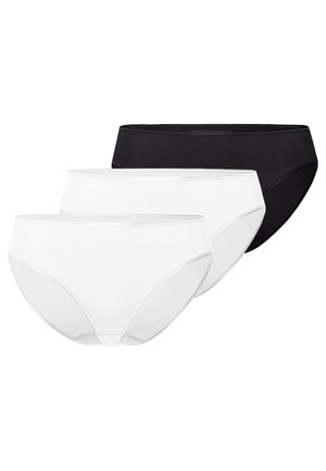 Tre dameunderbukser i et stakket arrangement, to hvide foran og én sort bagved, på en ensfarvet hvid baggrund.