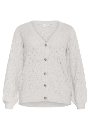 Hellgrauer, gestrickter Cardigan mit V-Ausschnitt, langen Ärmeln, Knopfverschluss und einem strukturierten Zickzackmuster. Aus weichem, leichtem Material.