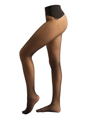 Collants noirs transparents avec une taille haute, texture lisse et sans coutures visibles, mettant en valeur un teint de peau naturel de la cheville jusqu'au dessus.
