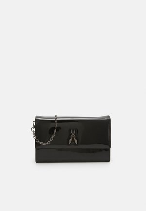 Black patent leather clutch with silver chain strap and metallic insect emblem centered on front flap.