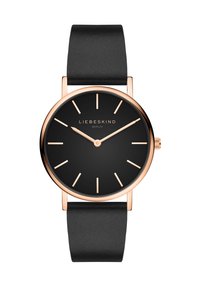 Ronde zwarte smartwatch met een minimalistisch ontwerp. Heeft een matte zwarte wijzerplaat, rose gouden uurmarkeringen en wijzers, en een zwarte siliconen band.