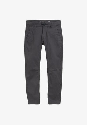 Gray cotton trousers with a straight cut, front pockets, and a button closure. Features subtle branding and a smooth texture.