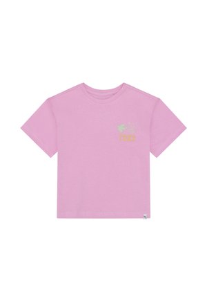 T-shirt en coton rose à manches courtes. Le devant présente un graphisme d'une colombe verte et d'une fleur avec le mot "PAIX" en jaune. Texture douce.