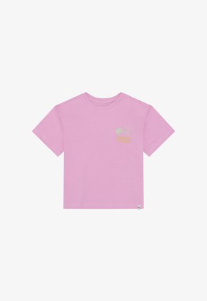 T-shirt en coton rose à manches courtes. Le devant présente un graphisme d'une colombe verte et d'une fleur avec le mot "PAIX" en jaune. Texture douce.