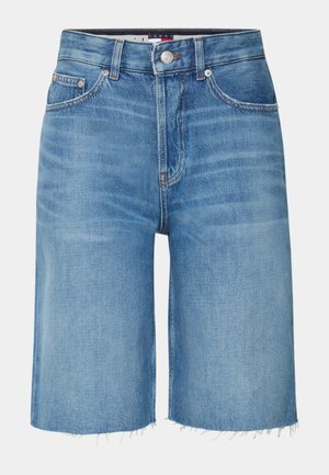 Light blue denim shorts with a loose fit, raw hem, and classic five-pocket design. Features a button closure and branded waistband label.