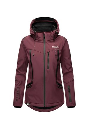 Women's maroon softshell jacket with hood, black zipper details, chest and sleeve pockets, and "Mariko Mountain" branding.