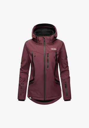 Naisille tarkoitettu viininpunainen softshell-takki huppuineen, mustilla vetoketjuyksityiskohdilla, rintataskuilla ja hihnataskuilla sekä "Mariko Mountain" -brändäyksellä.