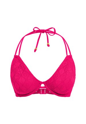 Růžový háčkovaný trojúhelníkový bikiny top s nastavitelnými popruhy, zdobený zlatými korálky a s uzavíráním na klip na zadní straně.