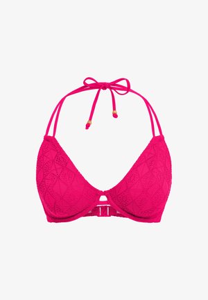 Top de bikini triangular de crochet en color rosa con tirantes ajustables, adornado con cuentas doradas y cierre de gancho en la parte posterior.