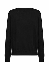 Maglione nero con maniche lunghe, polsini a coste e collo girocollo. Tessuto liscio, colore uniforme e vestibilità morbida. Nessun motivo o accessorio visibile.