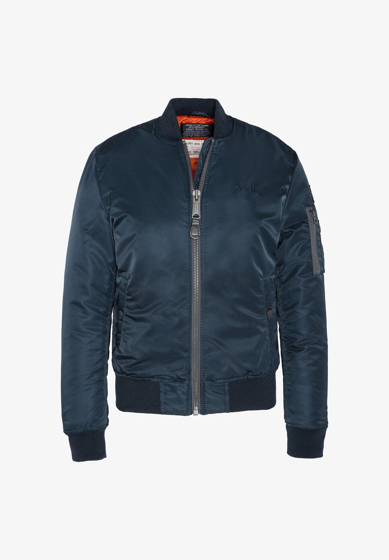 Blouson bomber bleu marine avec fermeture éclair à l'avant, poignets et ourlet côtelés, poches latérales, poche zippée sur la manche et doublure intérieure orange.