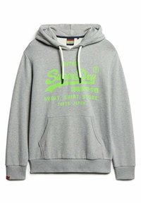 Felpa grigia realizzata in morbido misto cotone, con tasca frontale, cappuccio con cordini e testo grafico verde brillante. Polsini e orlo a coste.