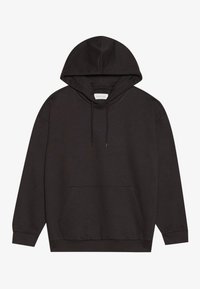 Black hooded sweatshirt made of soft fabric, featuring a front pocket, drawstring, and ribbed cuffs at the sleeves and hem.