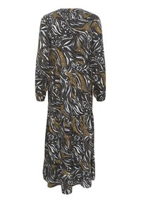 Robe noire longue avec des motifs abstraits multicolores en bleu, or et blanc. Elle présente des manches longues et une silhouette décontractée et fluide.