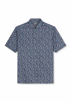 Camicia blu navy a maniche corte con motivo fitto di piccoli fiori blu, rosa e bianchi, davanti con bottoni e colletto classico.