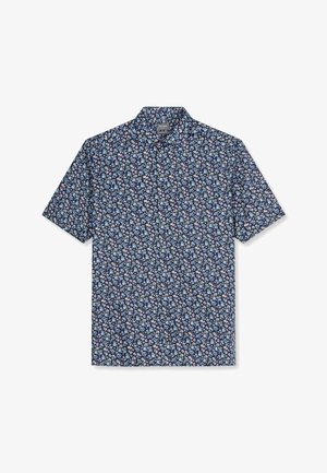 Camicia blu navy a maniche corte con motivo fitto di piccoli fiori blu, rosa e bianchi, davanti con bottoni e colletto classico.