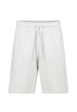 Lichtgrijze casual shorts met elastische tailleband en trekkoord aan de voorkant, geschikt voor ontspannen of sportief gebruik.