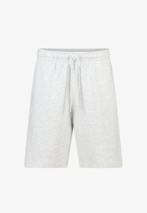 Lichtgrijze casual shorts met elastische tailleband en trekkoord aan de voorkant, geschikt voor ontspannen of sportief gebruik.
