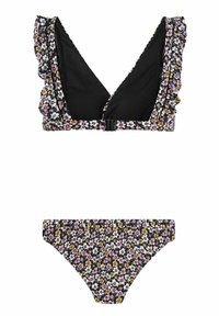Conjunto de bikini negro con flores que incluye un bralette con volantes, escote en V y cierre ajustable, combinado con una parte inferior de bikini de tiro bajo a juego.