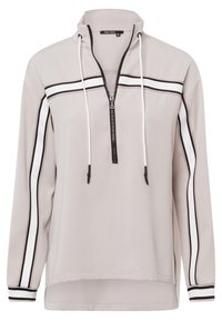 Hellgrauer Pullover mit Stehkragen, Viertelreißverschluss und schwarzen Akzenten. Verfügt über weiße Seitenstreifen und besteht aus glattem, elastischem Stoff.