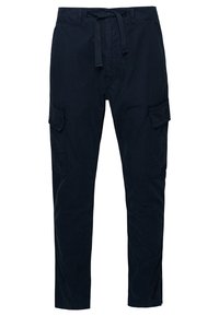 Pantalones cargo de la armada fabricados en algodón, con cintura ajustable con cordón, dos bolsillos laterales y dos grandes bolsillos en los muslos. Textura suave y ajuste recto.