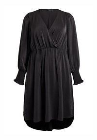 Vestido negro de manga larga con escote en V, cintura fruncida, hombros abullonados y puños fruncidos, que presenta un dobladillo ligeramente curvado.