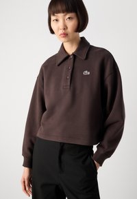 Cropped brown polo sweatshirt in soft fabric, featuring a pointed collar, three buttons, and a small embroidered logo on the left chest.