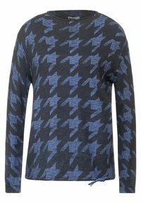 Långärmad tröja i mörkgrått med blått hundstooth-mönster, tillverkad av mjukt material, med rundad halsringning och justerbar dragsko i nederkant.