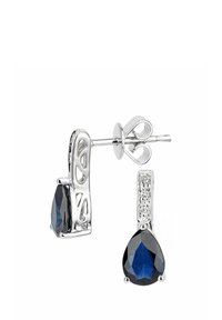 Pendientes de plata con una gema azul en forma de lágrima, diseño intrincado en la parte superior y un acabado pulido con acentos decorativos.