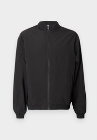 Μαύρο μπουφάν τύπου bomber από ελαφρύ ύφασμα· διαθέτει φερμουάρ μπροστά, ψηλό γιακά, ελαστικά μανσέτες και εφαρμοστή μέση. Απλός και λιτός σχεδιασμός.