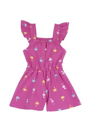 Mono corto morado para niñas con mangas campana, cintura elástica y estampados coloridos de palmeras y flamencos.