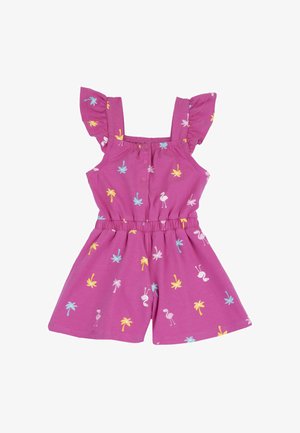 Mono corto morado para niñas con mangas campana, cintura elástica y estampados coloridos de palmeras y flamencos.