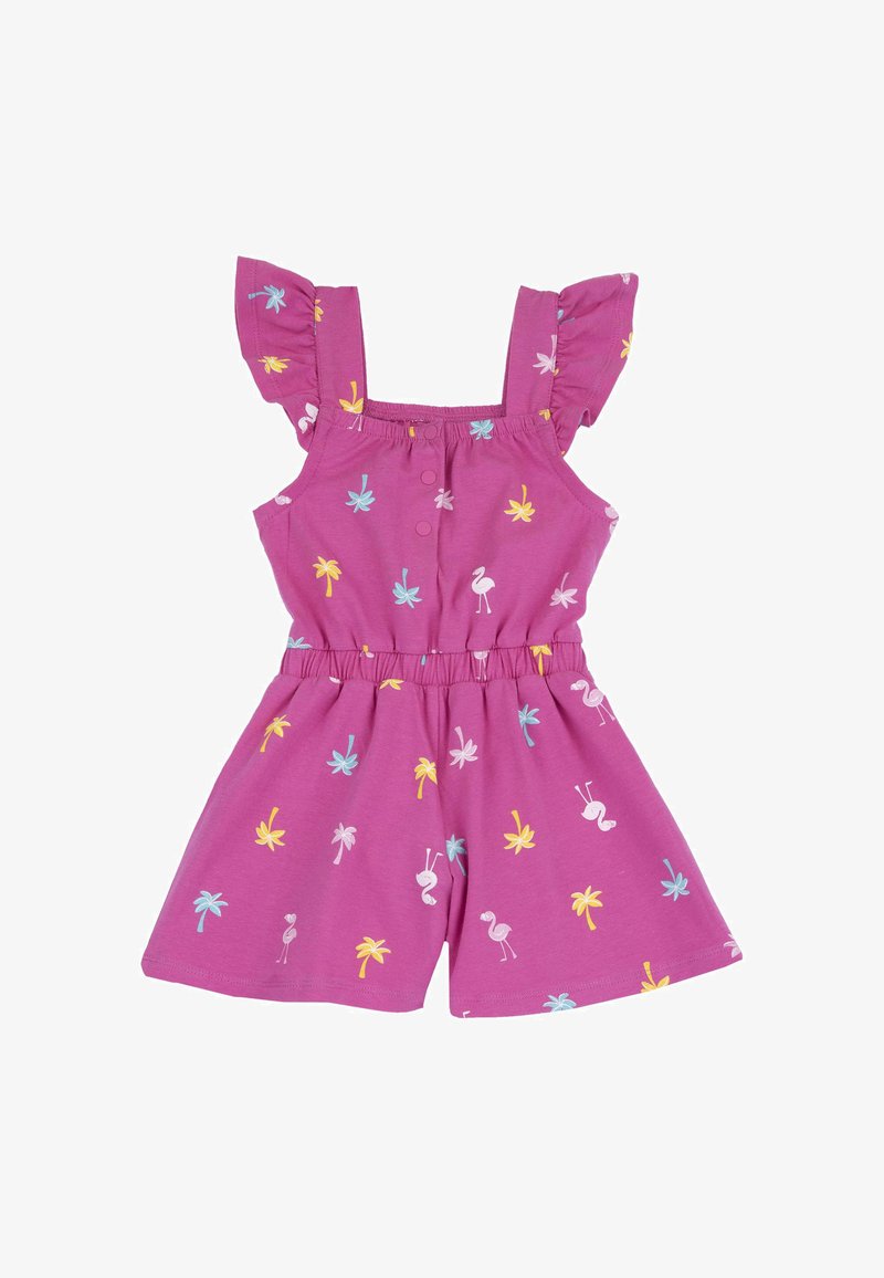 Combinaison courte violette pour fille avec manches volantées, taille élastique et imprimés colorés de palmiers et de flamants roses.