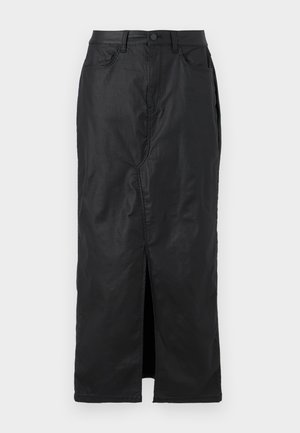 Black denim skirt featuring a front slit, five pockets, and a button closure. Smooth texture with visible seam detailing and a mid-length cut.