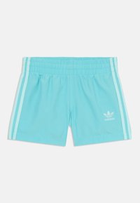 Turkise treningsshorts med elastisk midjebånd, med lyseblå sidestreker og en brodert logo på nedre venstre ben.