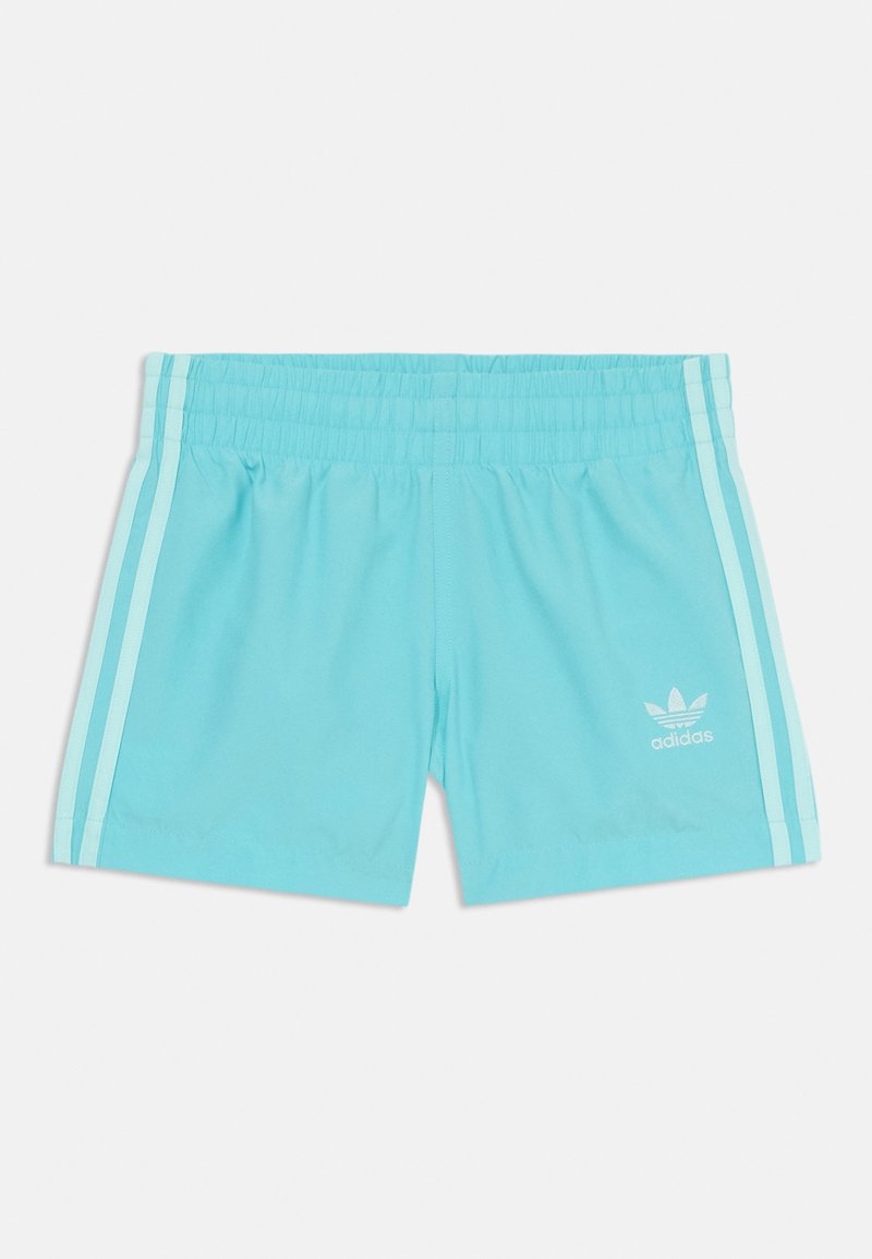 Turkise treningsshorts med elastisk midjebånd, med lyseblå sidestreker og en brodert logo på nedre venstre ben.