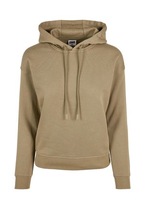 Beige hoodie with a drawstring hood, ribbed cuffs, and hem. Made from soft cotton, features a kangaroo pocket and a relaxed fit.